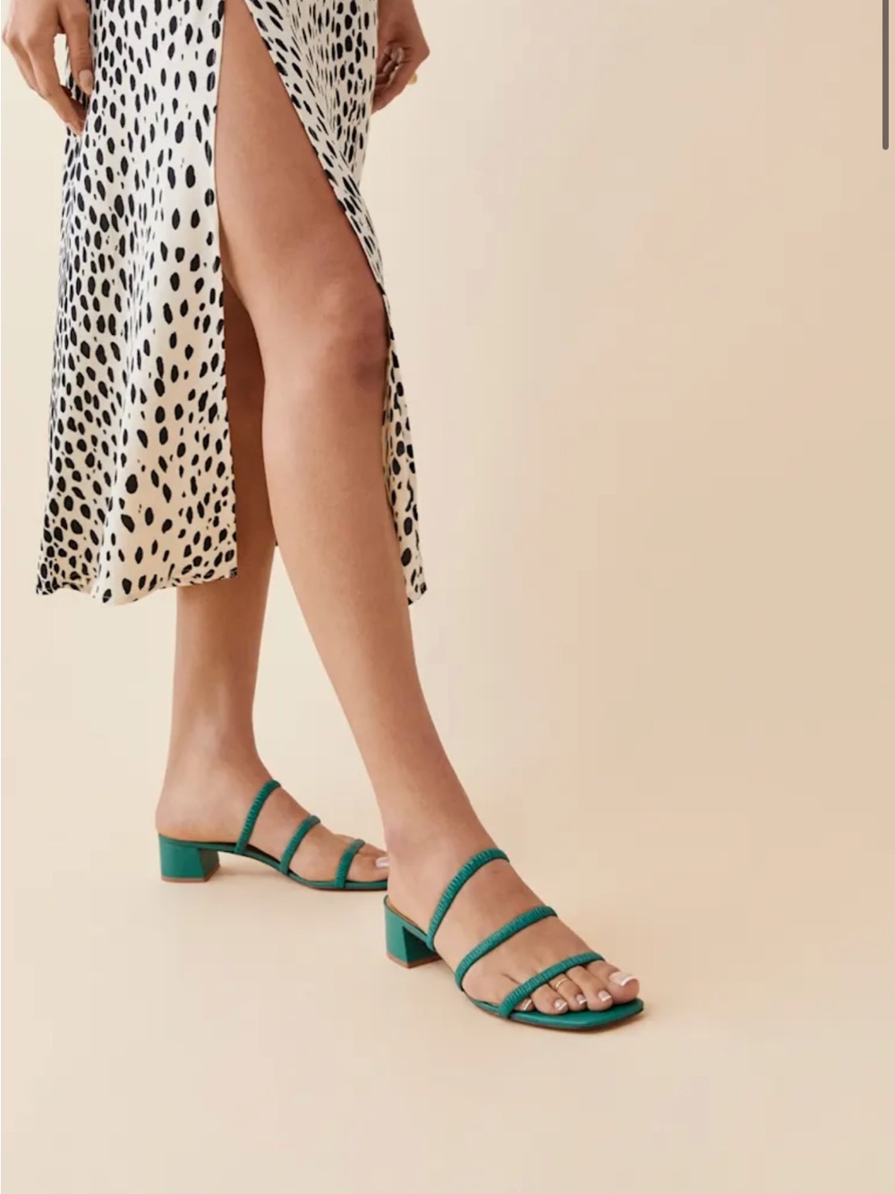 Reformation Teal Ruched Strap Block Heel Sandals